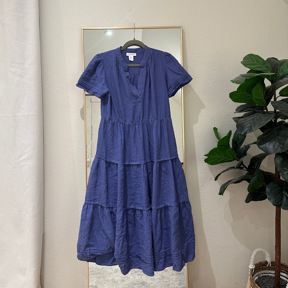 Cynthia Rowley S Blue Linen Viscose Tiered Midi Maxi Dress Small Boho